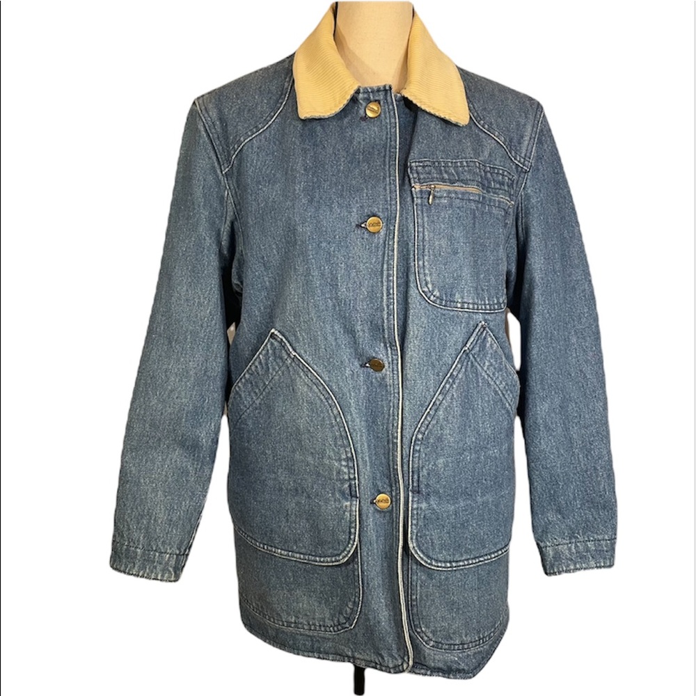 Vintage L.L. Bean Red Wool Blend Lined Corduroy Trim Heavy Denim Barn Coat Sz M - Picture 2 of 16